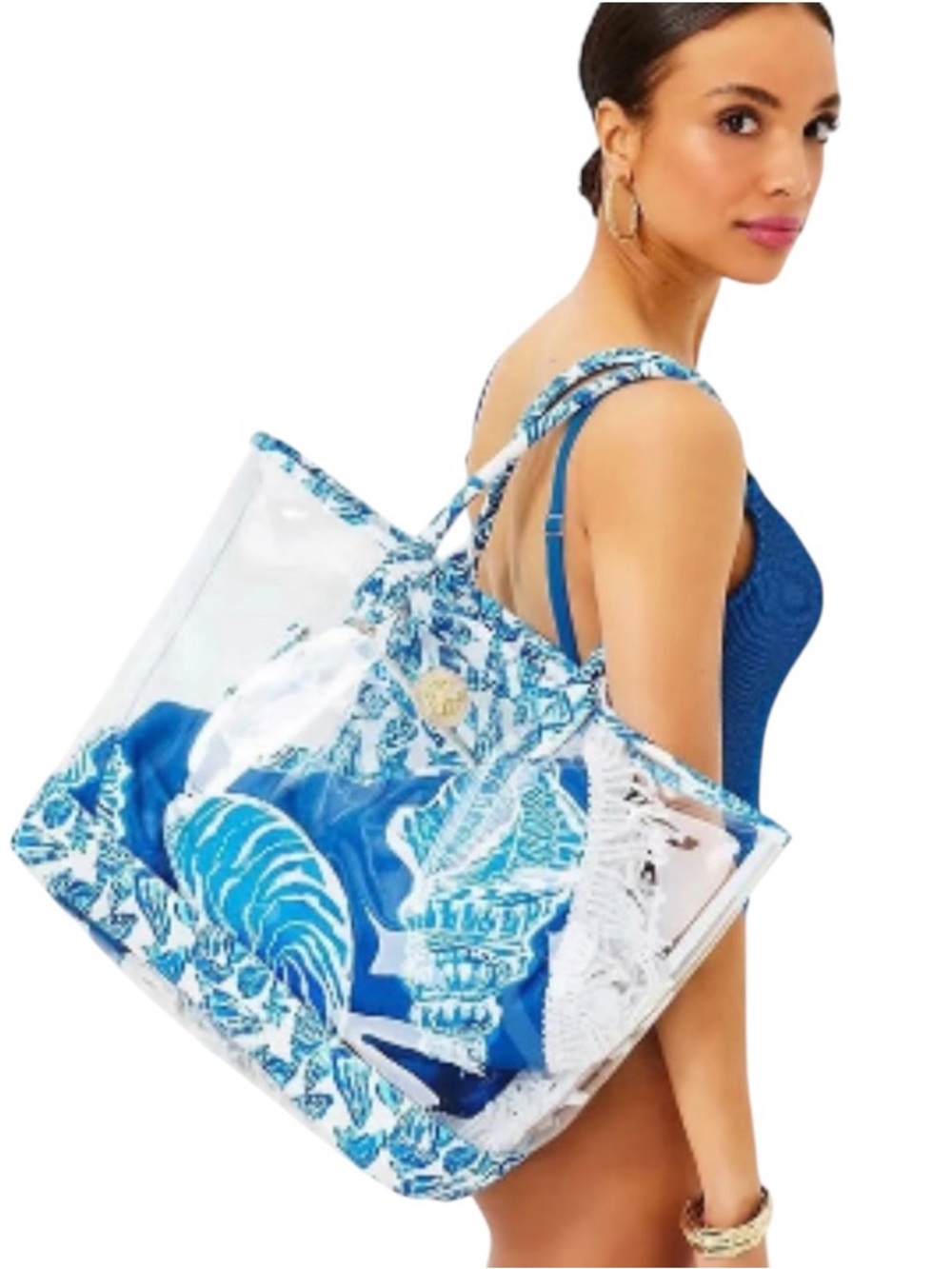Lilly Pulitzer Oversized Clear Plastic PVC & Canvas Trim Tote Bag & Pouch